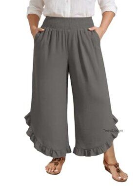 Plus Size Wide Leg Palazzo Cropped Pants High Waisted Smocked Beach Lounge